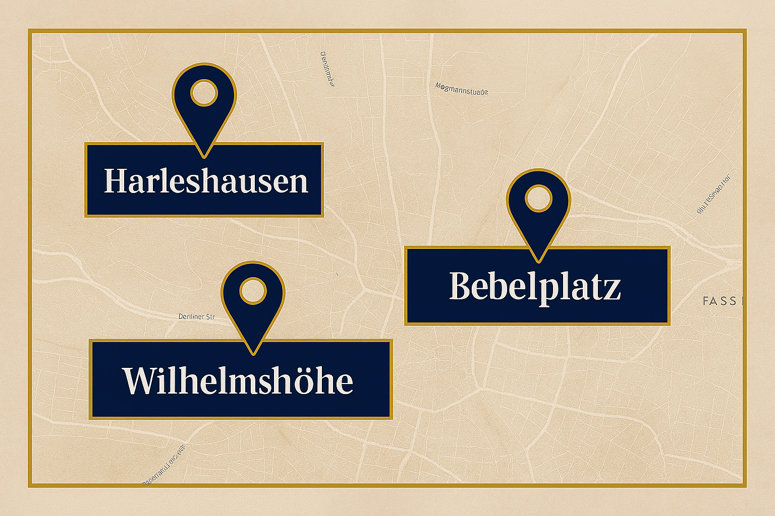 Karte Kassel mit Harleshausen, Wilhelmshöhe und Bebelplatz